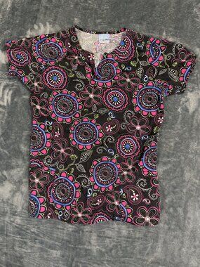 White Swan Womens Floral Print Scrub Top Multicolor Size M